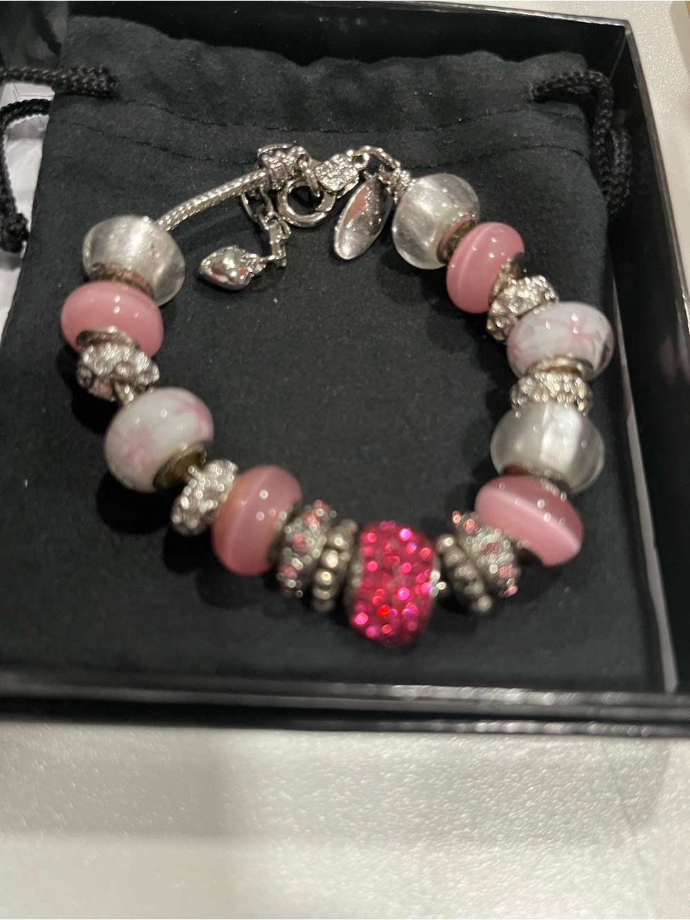 Pink & Silver Beaded Charm Bracelet — Sparkling Pink Accent